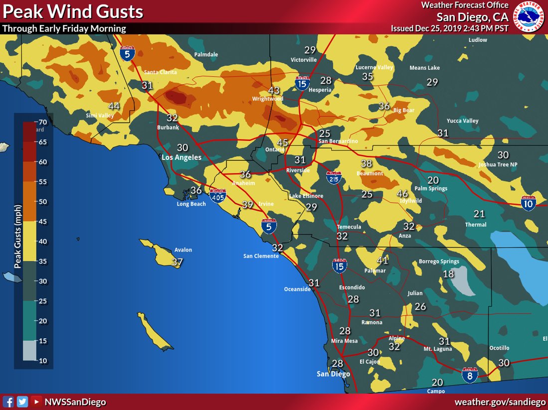 NWSSanDiego's tweet photo. 🎄 LATEST TOTALS AND WIND GUSTS 🎄 

Heaviest precip will start after midnight and cross the area from west to east. Morning travel will be impacted! Note the  higher totals in the Coachella Valley. Careful if traveling in the mountain snow! ☃️ Any questions, let us know 👇 #cawx https://t.co/uGbsaJVjLT
