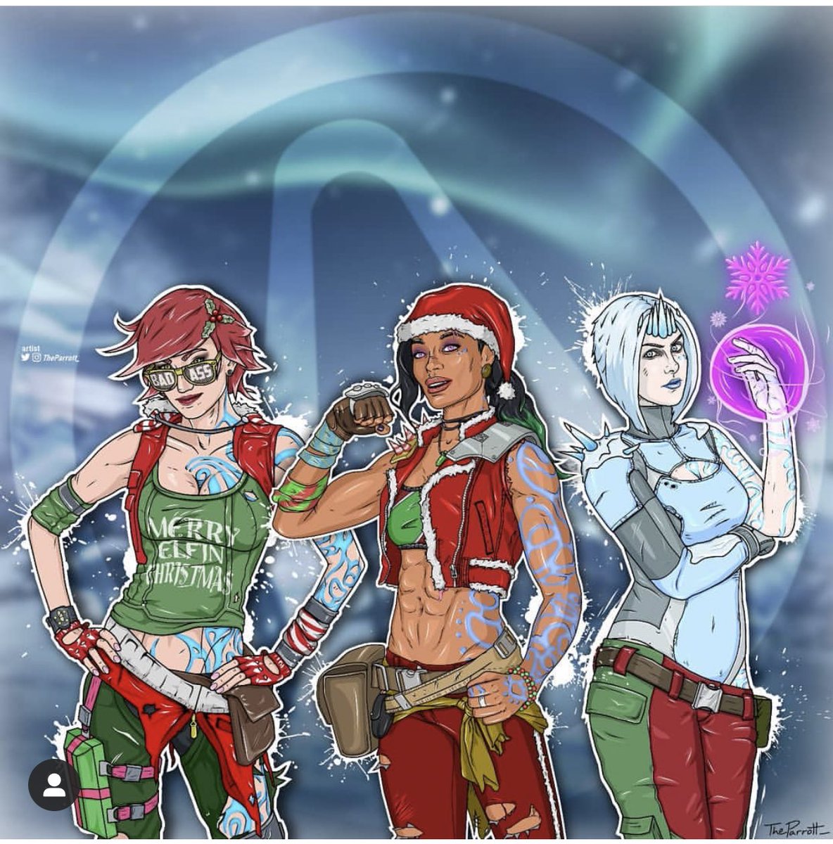 AliciaMarieBODY's tweet photo. Happy Merry from our @Borderlands Christmas skins! Incredible art based on our cosplays - by @TheParrott_ 🙌🏽 🎮❤️🎄🎅🏽 🎁 
Amara @AliciaMarieBODY 
Lilith @Inkfall 
Maya @KinpatsuCosplay 
@Borderlands @GearboxOfficial #Bordelands
*Original costumes, makeup and hair created by us 😊 https://t.co/4KPvMV79gI