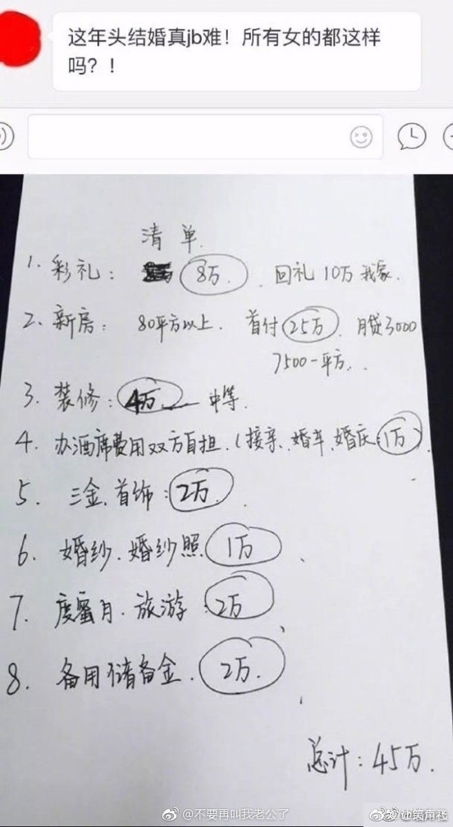 墙人锁男pa Twitter 结婚前女方甩出45万婚礼清单 有男网友发帖说就要结婚了 而女友列出的 45万婚礼清单 让他很崩溃 甚至吐槽现在的女孩子怎么都这样虚荣 爱攀比 但大家这次站女方 因为女方清单没毛病啊 堪称史上最理智女友 墙人锁男pa Twitter 结婚前女方甩出45万婚礼清单 有男网友发帖说就要结婚了 而女友列出的 45万婚礼清单 让他很崩溃 甚至吐槽现在的女孩子怎么都这样虚荣 爱攀比 但大家这次站女方 因为女方清单没毛病啊 堪称史上最理智女友