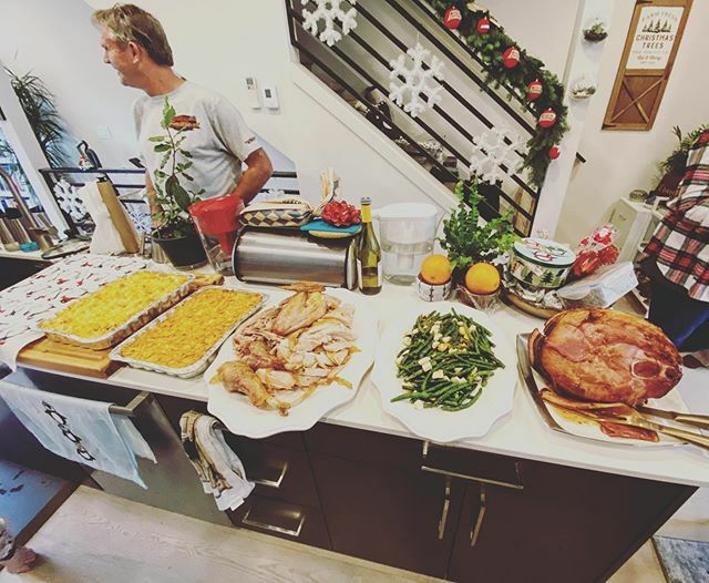 _scottlow's tweet photo. Christmas lunch featuring hash brown casserole, mac and cheese, turkey, green beans, and ham. The prime rib is currently in the oven for Christmas dinner #wegoinhard #merrychristmas https://t.co/ZdiSJL84cf https://t.co/HqyJ04pUUo