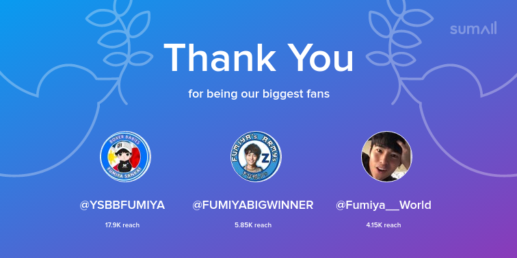 Our biggest fans this week: YSBBFUMIYA, FUMIYABIGWINNER, Fumiya__World. Thank you! via sumall.com/thankyou?utm_s…