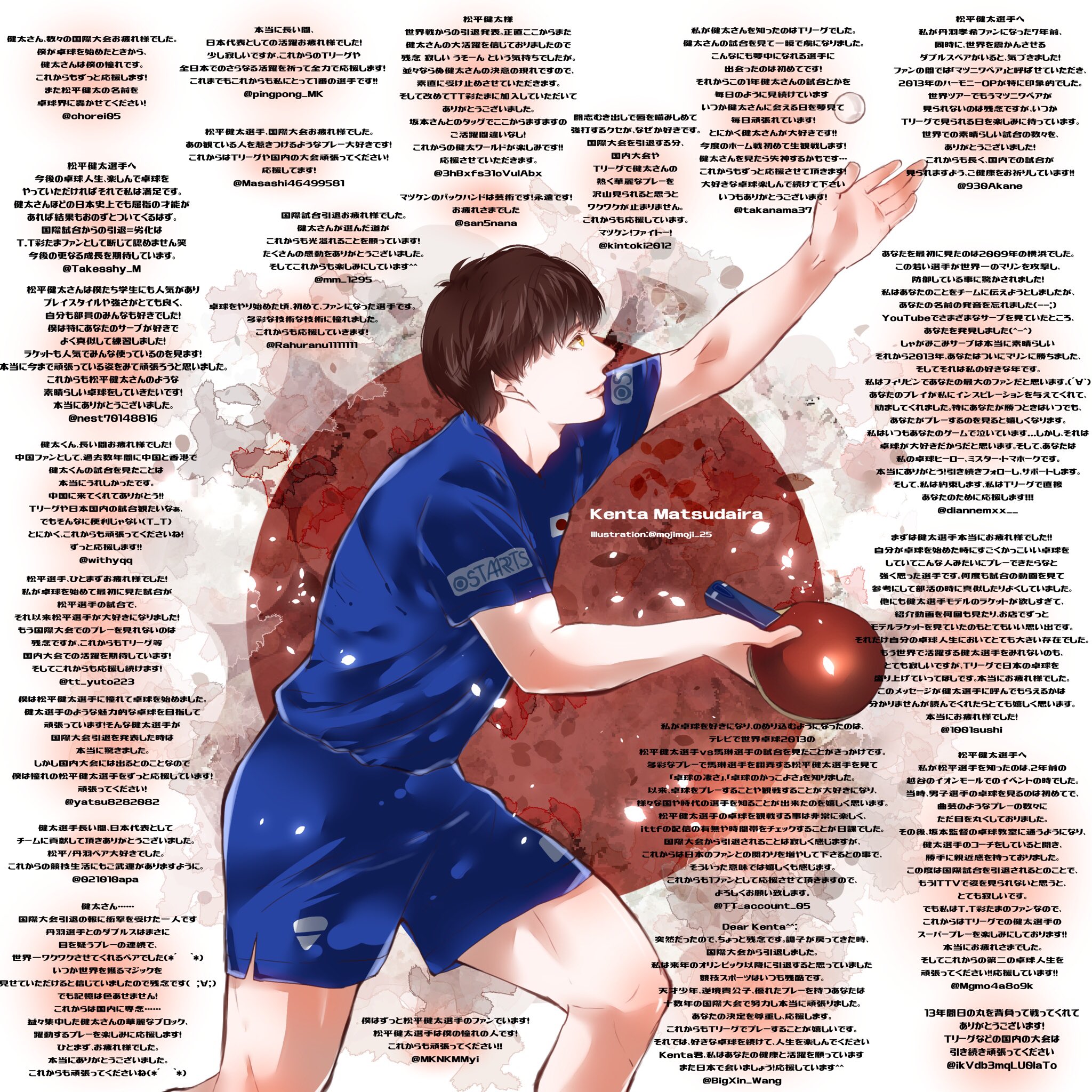 Moji 国際大会引退を受け 松平健太 選手へのメッセージを募りました 皆様のメッセージとイラストを合わせ 寄せ書き風の作品に仕上げました これからも魅力たっぷりの健太さんの卓球を楽しみ尽くします ご協力頂きましたファンの方々には心より