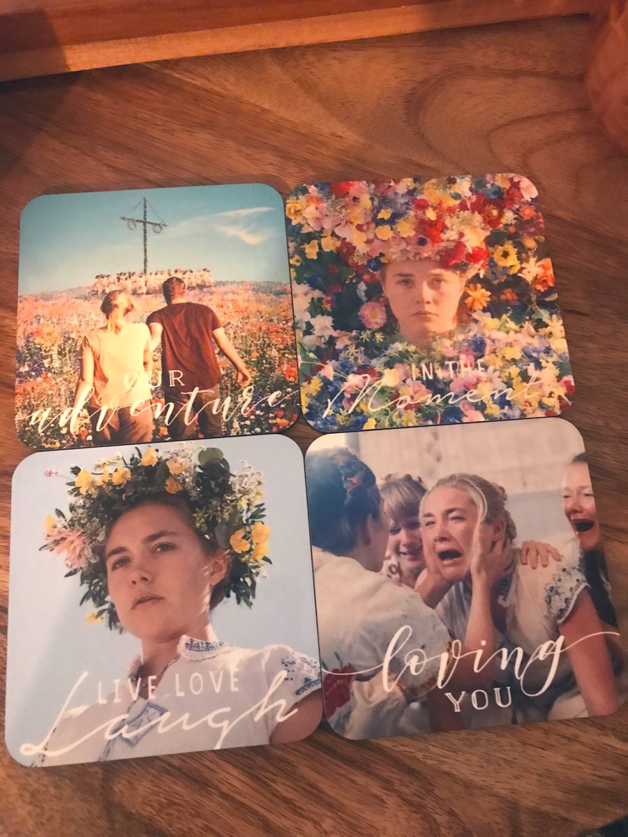 milkteatown's tweet photo. My amazing sister got me custom made Midsommar coasters for Christmas, the website she used has a recommended captions generator. This came completely at random per coaster, I am floored https://t.co/7MmMP5uOzi