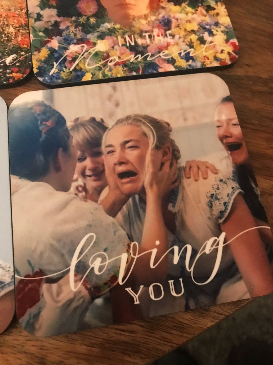 milkteatown's tweet photo. My amazing sister got me custom made Midsommar coasters for Christmas, the website she used has a recommended captions generator. This came completely at random per coaster, I am floored https://t.co/7MmMP5uOzi