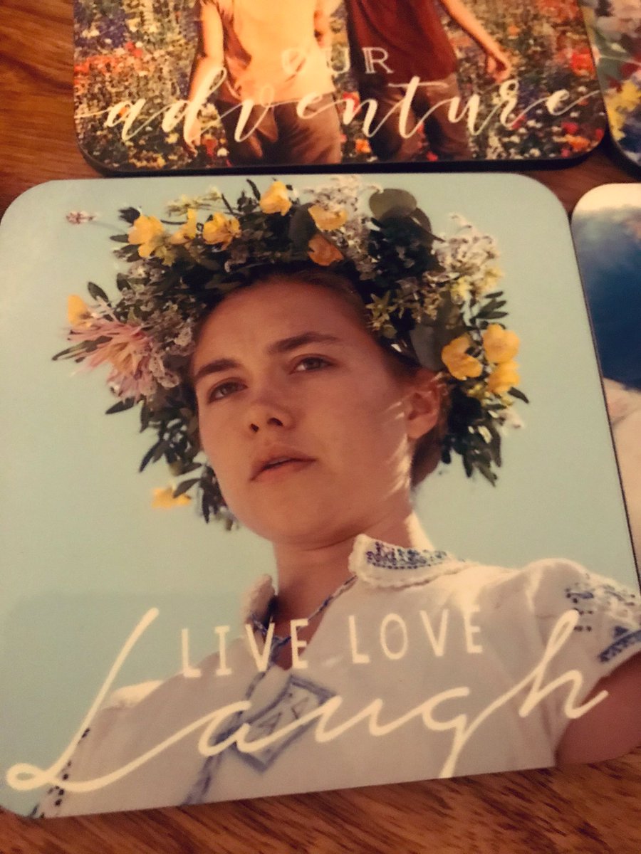 milkteatown's tweet photo. My amazing sister got me custom made Midsommar coasters for Christmas, the website she used has a recommended captions generator. This came completely at random per coaster, I am floored https://t.co/7MmMP5uOzi
