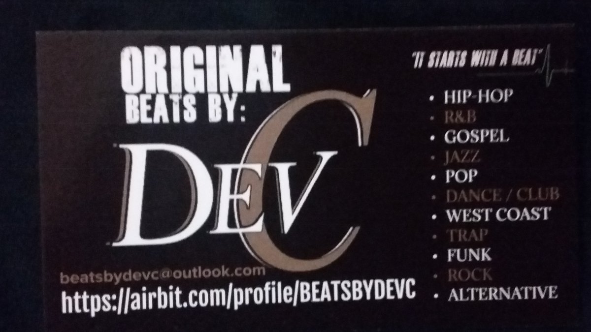 Author_Devret's tweet photo. BEATS BY DEV C

For every beat sold "exclusively", get a free t-shirt. 

https://t.co/tgSBh3hd2W

Contact beatsbydevc@outlook.com

#hiphop #beats #dj #music #musicproducer #beatsold #rapper #artist #clothingline #Entrepreneur #selfmade #producerlife #producer @torontolife https://t.co/jDuXWb9GgG
