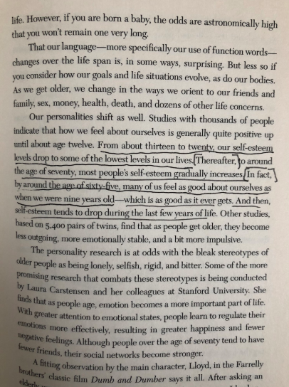 The Secret Life of Pronouns by  @jwpennebaker https://amzn.to/2QjoCnz “From age 13 to 20, our self-esteem drops...Thereafter, to age 70, self-esteem gradually increases. In fact, by age 65, many of us feel as good as when we were 9 years old, which is as good as it ever gets.”