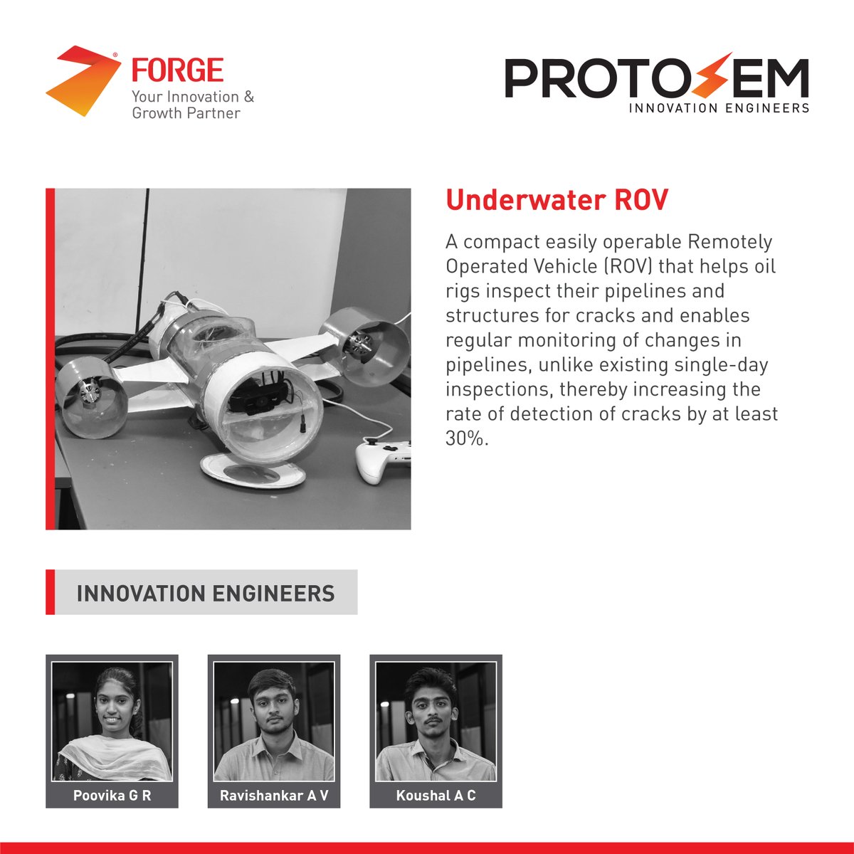 FORGE_FORCE's tweet photo. Featuring the product 'Underwater ROV' built by the team of Innovation Engineers, Poovika G R, Ravishankar A V & Koushal A C, from ProtoSem 19.2 as a part of the #InnovationSpotlightSeries.
@AICTE_INDIA @mhrd_innovation
#ForgedatForge #ProtoSem #ProductInnovation #Startup https://t.co/DhFS8Yzydh