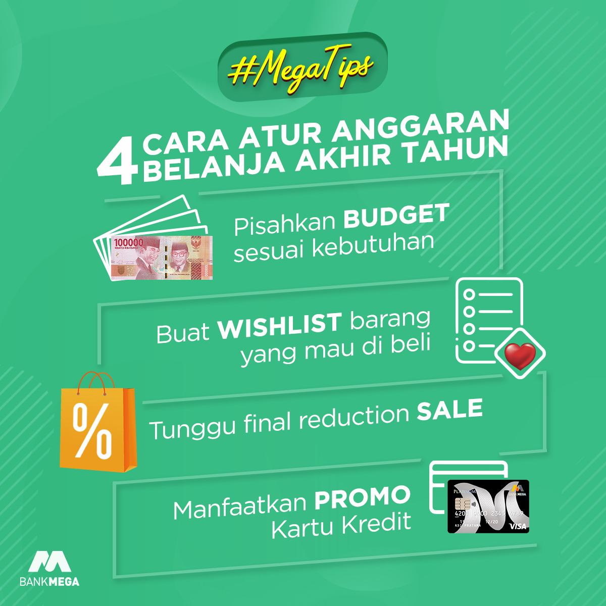 BankMegaID's tweet image. Menjelang libur akhir tahun nanti, selain kebutuhan pokok, biaya kebutuhan tambahan tak terduga pasti akan masuk ke list pengeluaranmu. Untuk itu simak 4 #MegaTips berikut ya, agar bisa bantu kamu untuk atur anggaran belanja di akhir tahun nanti. 

_____
#BankMega