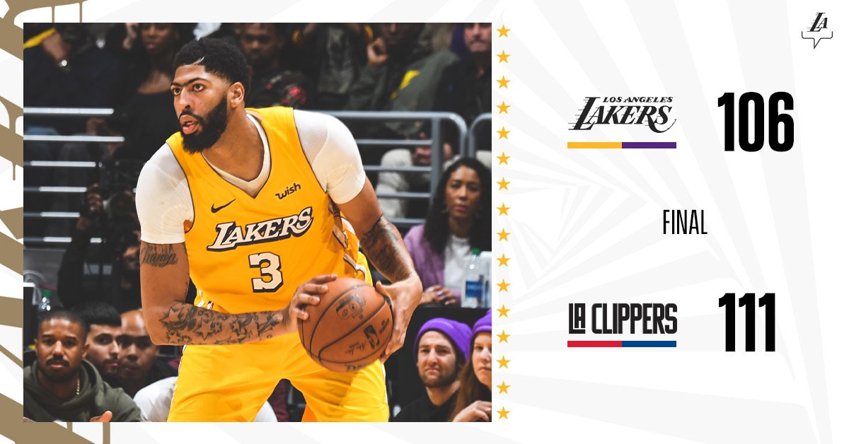ReporteroLakers's tweet photo. -FINAL-
#LakeShow 106
#ClipperNation 111
No pudinos aprovechar la diferencia de la primera mitad y caimos en por cuarta vez consecutiva
Tranquilos, solo hay que volver mas fuertes! #LakerFe 💜💛 https://t.co/UOfjixO9EC