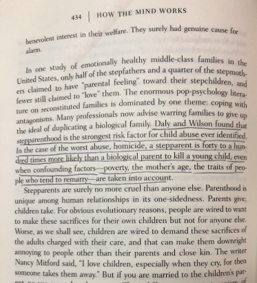 “stepparenthood is the strongest risk factor for child abuse ever identified..a stepparent is 40-100 times more likely to kill a young child, even when confounding factors— poverty, mother’s age, traits of people who tend to remarry—are taken into account"  https://amzn.to/2Mqef04 