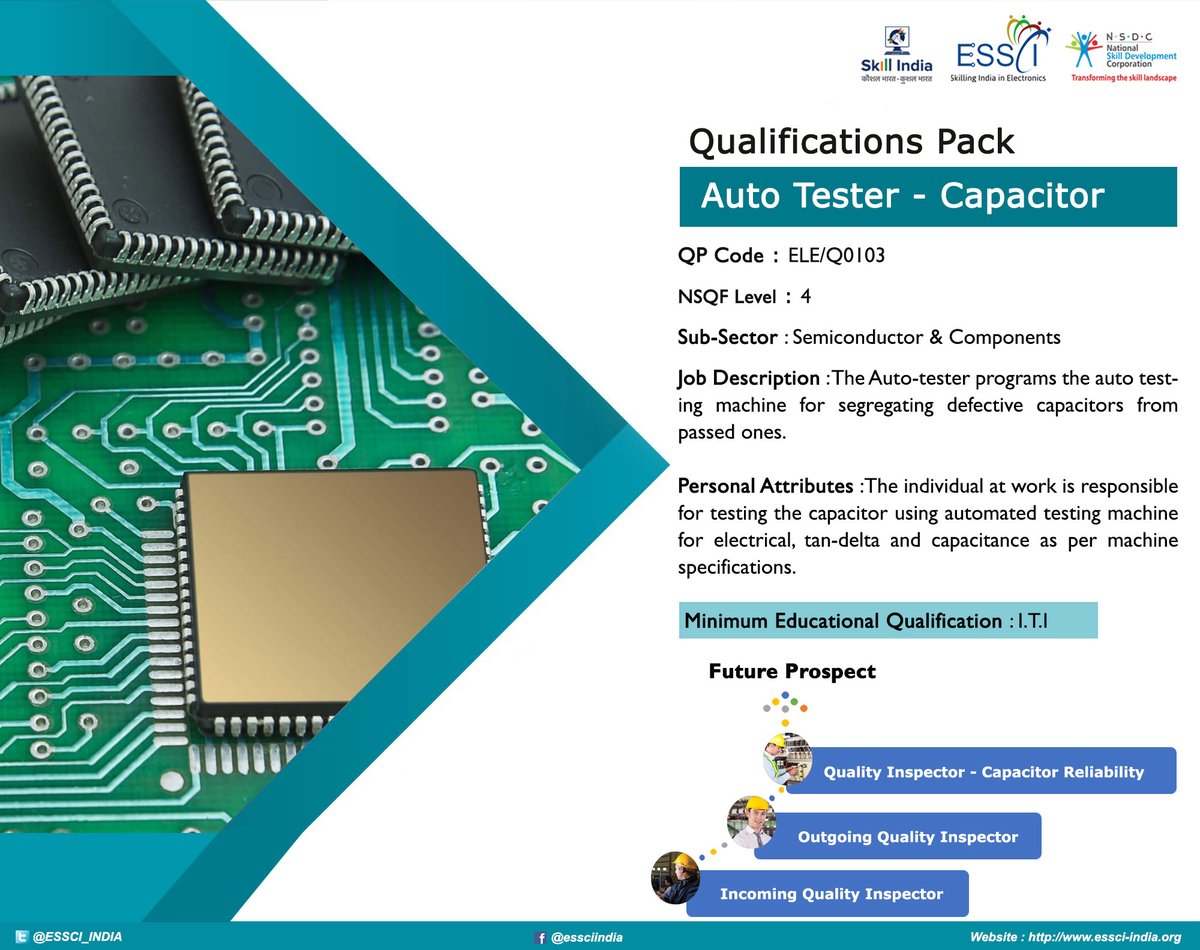 EssciIndia's tweet photo. Looking out to join the Semiconductor industry? If yes, then opt for Auto Tester-Capacitor #JobRole. The person has to examine the capacitor using automated testing machines to keep apart the defective capacitors from passed ones.
@MSDESkillIndia @NSDCINDIA
#QualificationPack https://t.co/3SDJhmgO4v