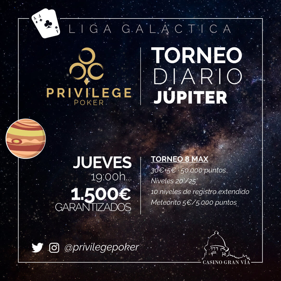 CasinoGVPoker's tweet photo. Torneos de
#PrivilegePoker para este jueves:
TORNEO KAPPA en @CasinoAranjuez
💰 4K GTD
🎟 https://t.co/YM5pl8Fvpz
TORNEO JÚPITER en @CasinoGranVia
💰 1,5K GTD
🎟 https://t.co/l7WkJGlKoG
#InterestelarWeek https://t.co/5Z47MI4qIz