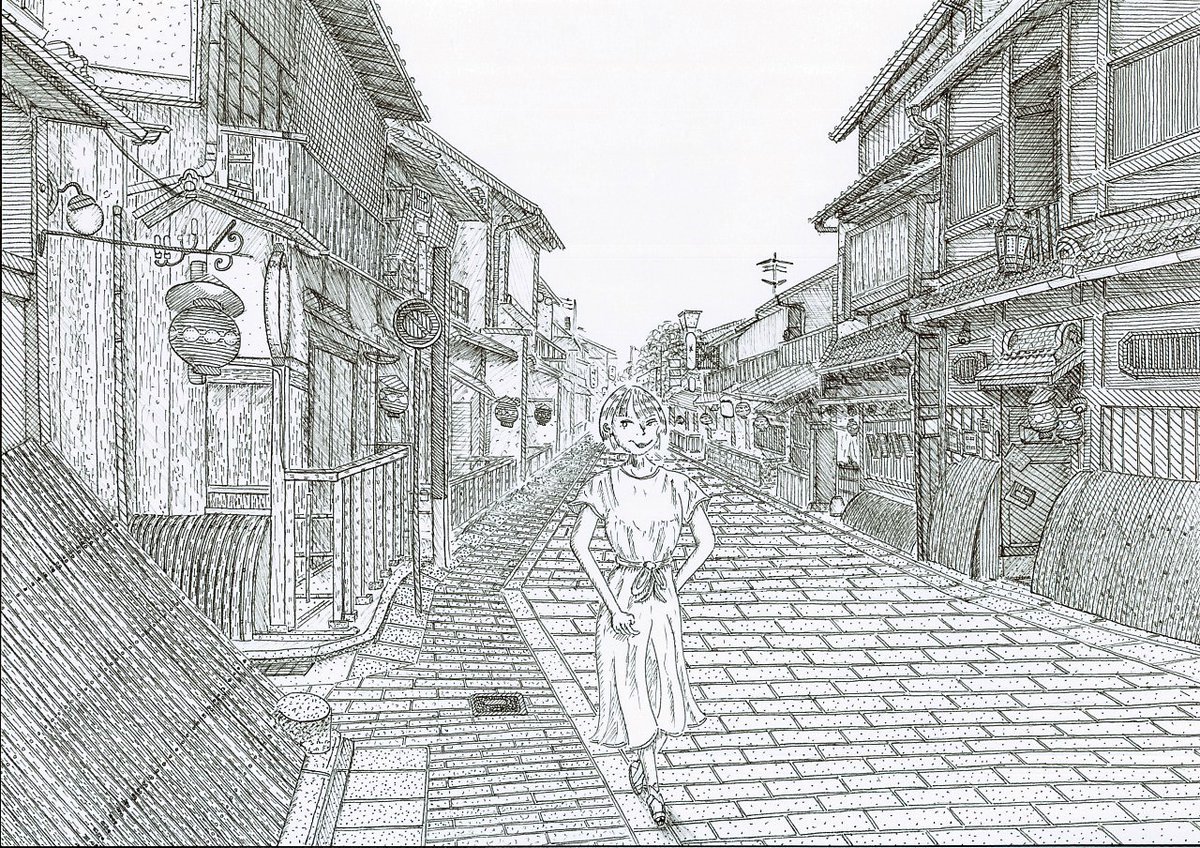 Sakki ペン画 風景画 アナログ モノクロ 線画 ミリペン レトロ 寺社