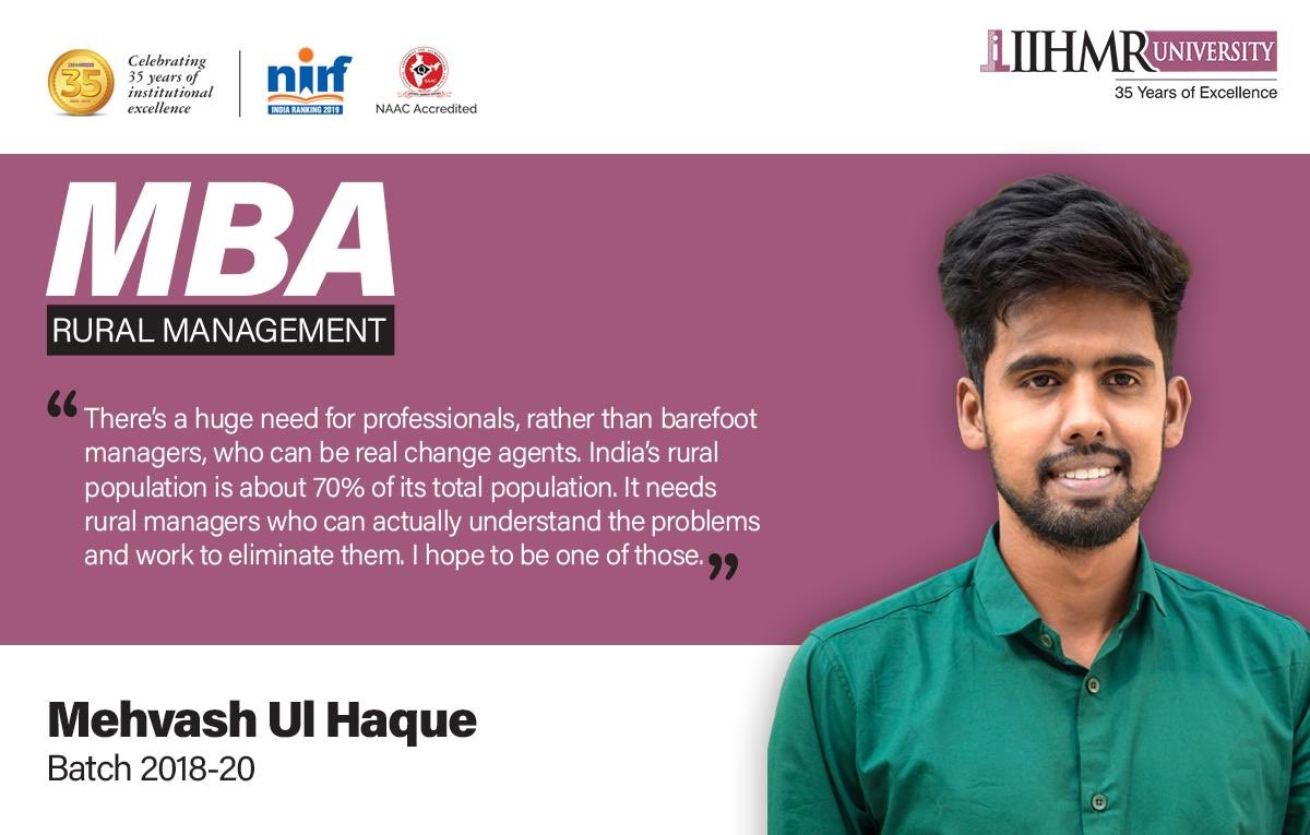 IIHMRUniversity's tweet photo. Mehvash Ul Haque, second-year student of MBA Rural Management at IIHMR University, emphasizes that India’s development sector needs rural managers who understand the existing problems and can work to address them. Join him and lead the way to a developed India.#mbaruralmanagement https://t.co/dOcAAQpfFC