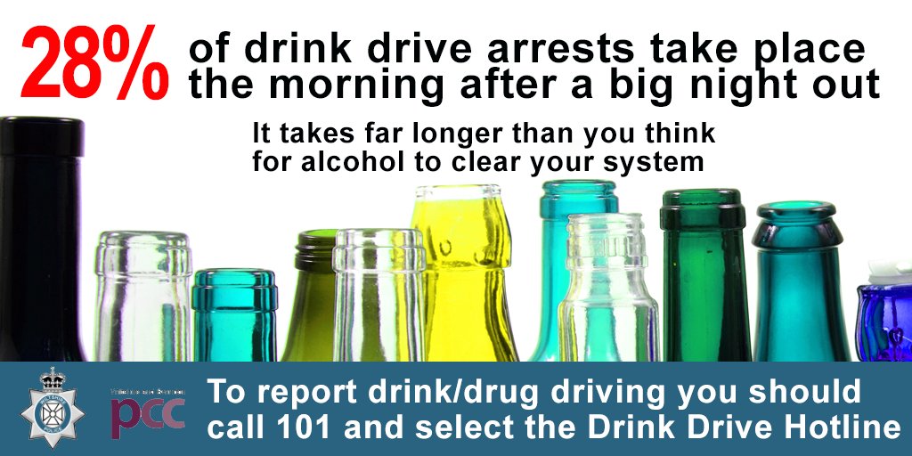 wiltshirepolice's tweet photo. It takes alcohol far longer to leave your system than you may think. No amount of coffee or fresh air will sober you up. The only thing that will help you sober up is time. So if you are going out &amp; intending to drink leave the car at home. #DontDrinkAndDrive https://t.co/Y04f0VcJwl