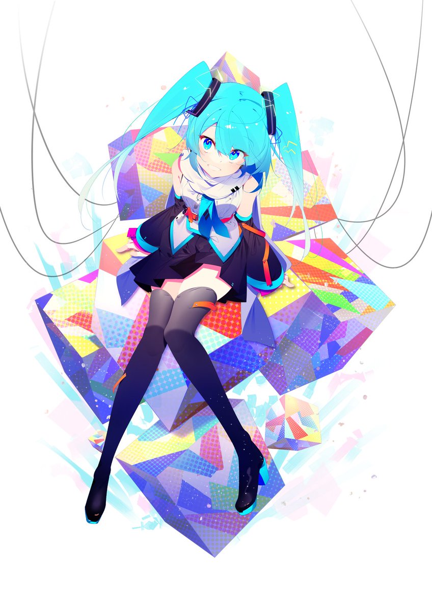 hatsune miku 1girl solo skirt twintails thighhighs long hair sitting  illustration images