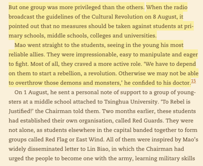 "Mao went straight to the students, seeing in the young his most reliable allies. They were impressionable, easy to manipulate and eager to fight...‘We have to depend on them to start a rebellion, a revolution'" https://amzn.to/2Stokgr 