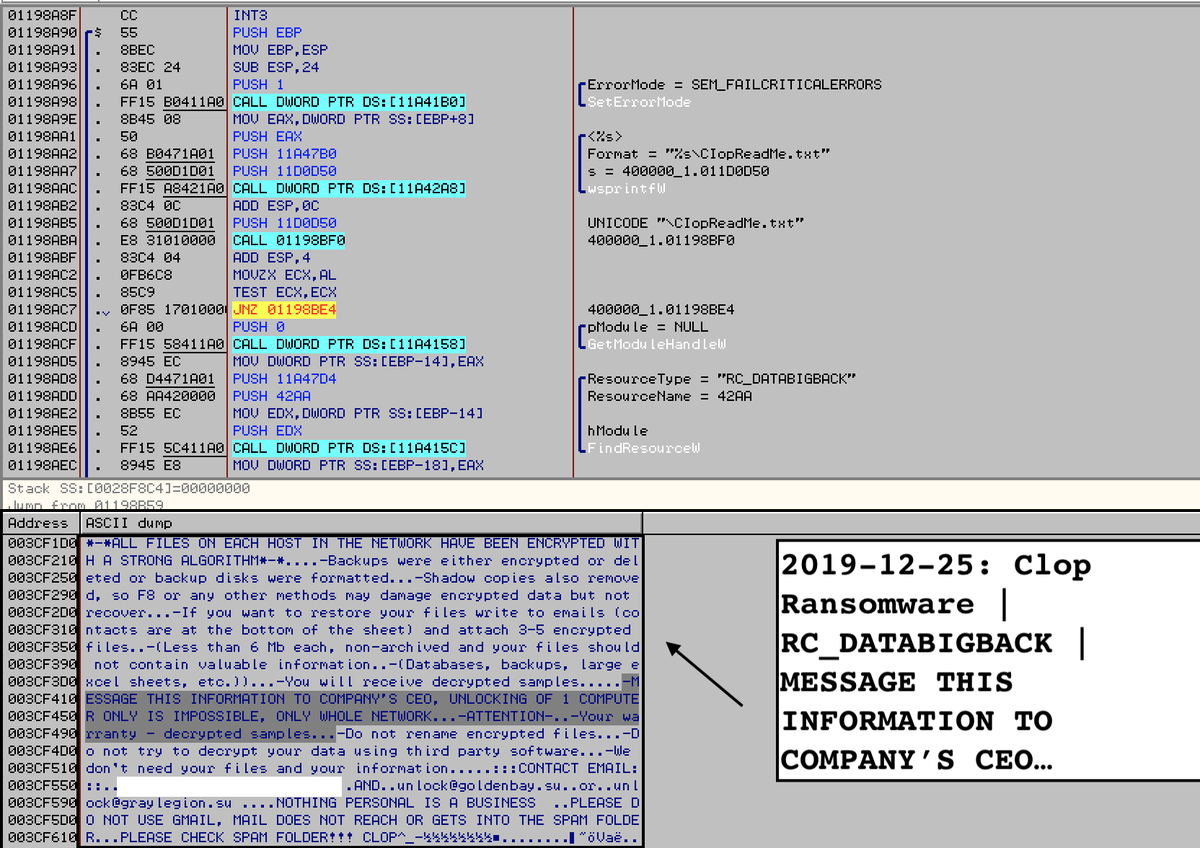 VK_Intel's tweet photo. 2019-12-25: 🆕🔥#Clop #Ransomware
#Signed |🇬🇧DATAMINGO Limited #Sectigo
🤺Bypass
1⃣Panda
2⃣KAS
3⃣WinDefender
🤔Uninstalls
1⃣CHECKMal
2⃣Malwarebytes
3⃣🆕ESET
'RC_DATABIGBACK'
MESSAGE THIS INFORMATION TO CEO...your warranty decrypted samples
h/t @darb0ng
https://t.co/WfY4EBpZqw https://t.co/jqPjW760cL