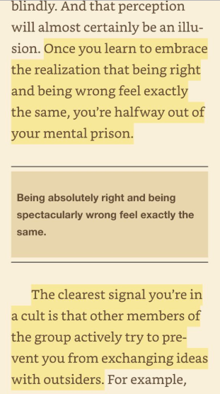 ”Loserthink” by  @ScottAdamsSays “The clearest signal you’re in a cult is that other members of the group actively try to prevent you from exchanging ideas with outsiders.” https://amzn.to/2tMz3Za 