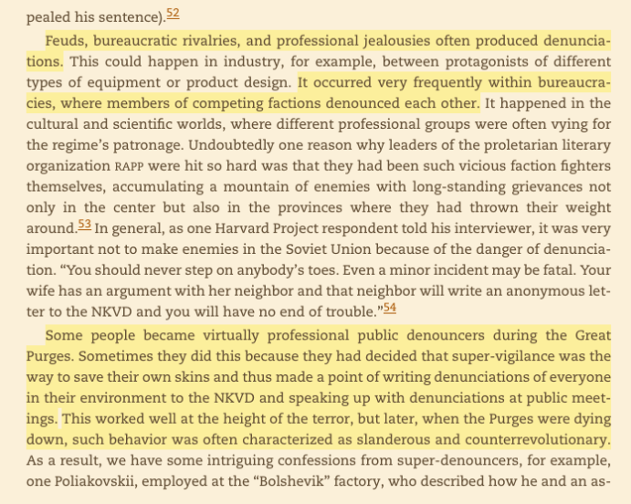 Everyday Stalinism by Sheila Fitzpatrick  https://amzn.to/39fy8k8 "Some became virtually professional public denouncers during the Great Purges..decided super-vigilance was the way to save their own skins and made a point of writing denunciations of everyone in their environment"