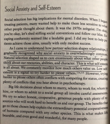 Good Reasons for Bad Feelings by  @RandyNesse  https://amzn.to/34WCv0j “Natural selection shaped us to care enormously about what other people think about our resources, abilities, and character...Low self-esteem is a signal to try harder to please others.”