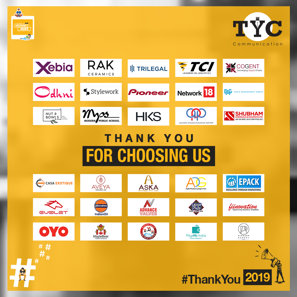 theyellowcoin's tweet photo. #ThankYou2019 for beautifying our #clientele bouquet with many new prestigious accounts. We feel proud to serve them and wish enduring association with them.
@odhniworld @indianOilcl @Network18Group @msplussizeindia @oyorooms
#TYCCommunication #TheYellowCoin #Throwback2019 #PR https://t.co/J3vzOSp1Kf