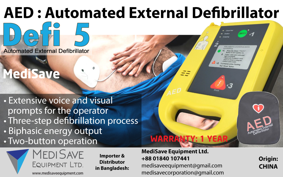 MediSaveCorp's tweet photo. AED : Automated External Defibrillator
DEFI 5
Features Include:
• Extensive voice and visual prompts for the operator
• Three-step defibrillation process
• Biphasic energy output
• Two-button operation

MediSave Equipment Ltd.
+8801840107441
medisavecorporation@gmail.com https://t.co/v495cEkC0i