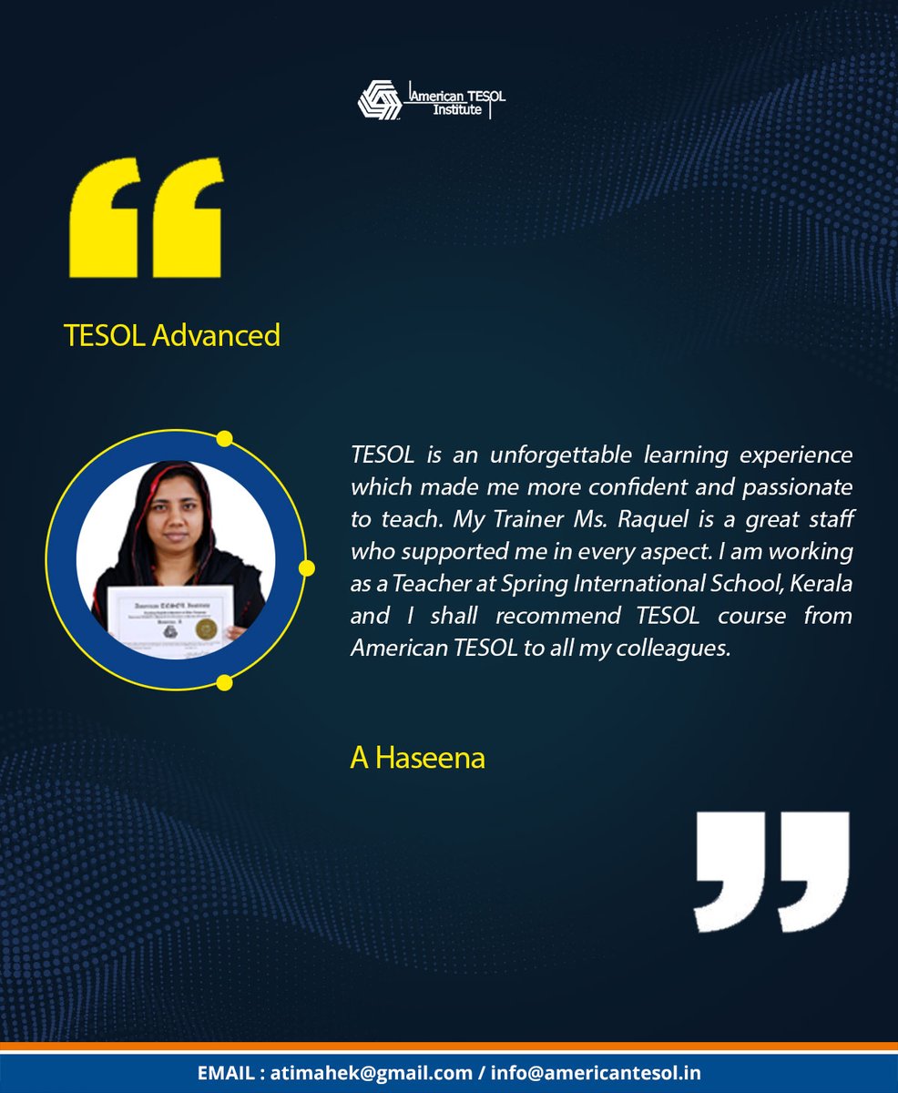 AmericanTESOL16's tweet photo. Sharing the Feedback of one of our student.

#TESOL #Feedback #testimonials https://t.co/maBTo2RKer