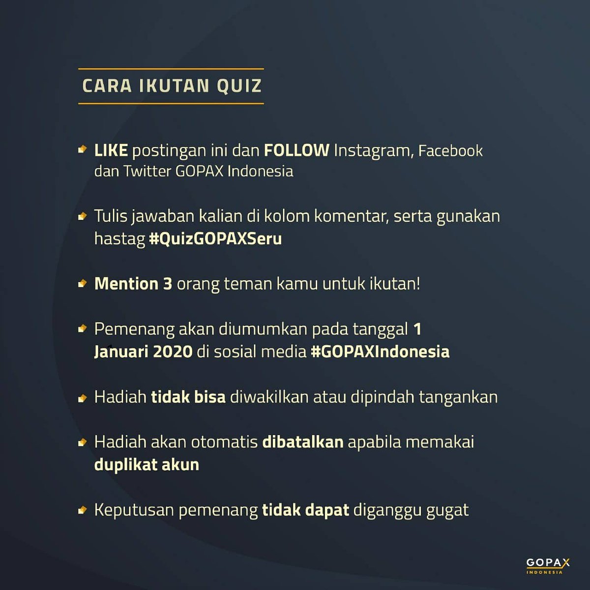 GopaxID's tweet photo. Yuk ikutan kuis ular tangga minggu ini!

Hati-hati jangan sampai salah. Kalau sudah mengetahui jawabannya, langsung tulis di kolom komen, ya 😊 
Semoga Beruntung!

#gopaxid #giveaway #quiz #tekateki #hadiah  #event #reward #money #funny #quizgopaxseru  #investasi #gopay #gojek https://t.co/nnFCgKncag