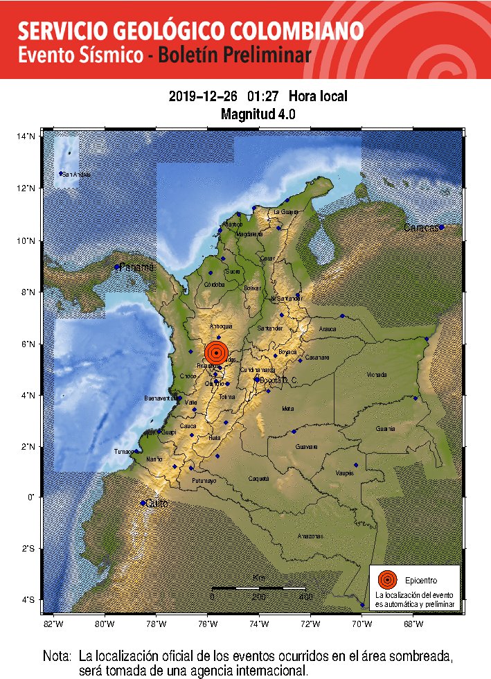 sgcol's tweet photo. #SismosColombiaSGC Evento Sísmico - Boletín Preliminar, 2019-12-26, 01:27 hora local. Magnitud 4.0. #NoticiaEnDesarrollo #Temblor #Sismo Más información: https://t.co/0uuw47gI8w https://t.co/oFkX0c2ZQj