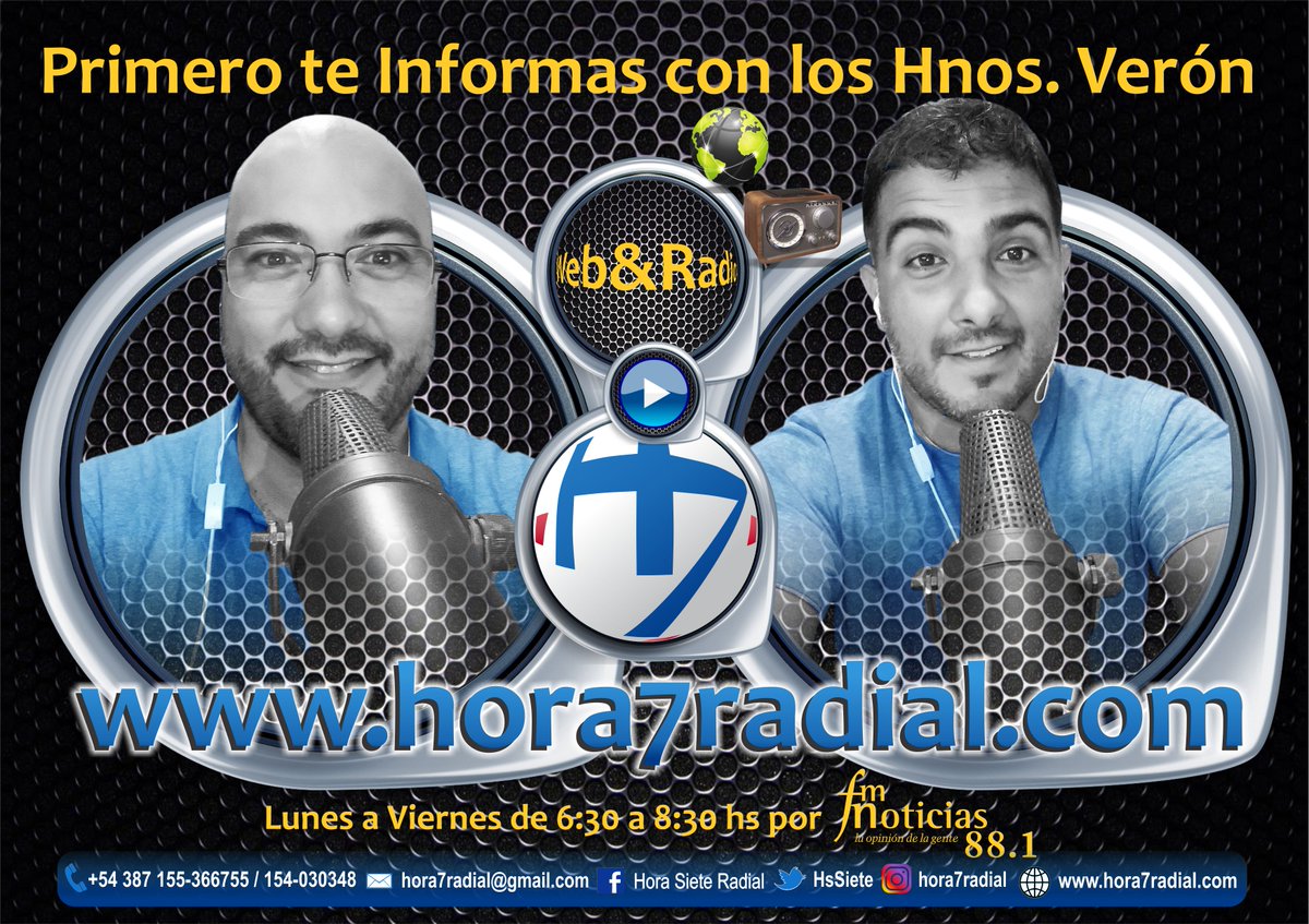 #Sintoniza #Escucha #Informate Todos Arriba comenzando <a href="/HsSiete/">Hora 7</a> x FM Noticias 88.1 de 6:30 a 8:30 hs c/los HNOS. VERÓN <a href="/HugoAntonioVero/">Hugo Antonio Veron</a> <a href="/jdveron/">javier veron</a> <a href="/GramajoFelix/">Felixon</a> <a href="/Abraham_DCampos/">Abraham Campos</a> .#Info #Noticias #Entrevistas #Desayunos #Opinión