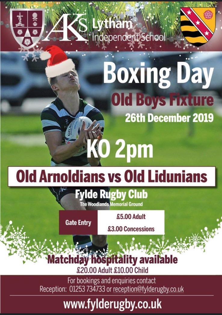 Good luck to all the Old Boys playing at <a href="/fylderugby/">Fylde Rugby</a> today In the Boxing Day match. 2pm KO