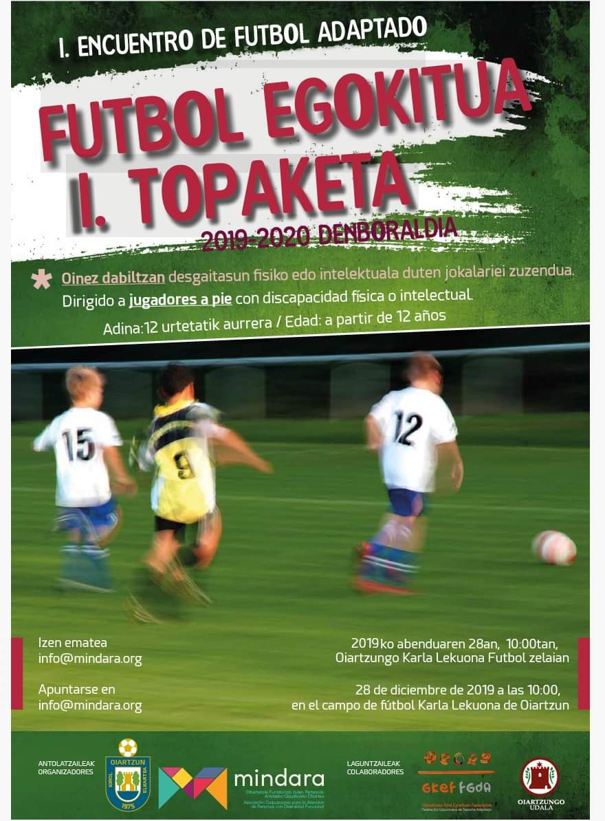 FUTBOL EGOKITUKO TOPAKETA🙂⚽️

Abenduak 28an denborladiko lehen topaketa burutuko dugu Oiartzungo  Karla Lekuona Futbol instalazioetan belar artifizialeko zelaian goizeko 10:00tik 12:00ra.

Parte hartzeko: info@mindara.org