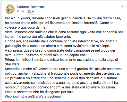 tartaro7's tweet photo. Spazientito dalle continue occhiate interrogative delle #minilepri dietro casa, mi sono avvicinato e ho scoperto che:
Primo, che sembrano ossessionate dalla saga di #Starwars.
Secondo: ciò che più volevano da me era una sintesi grafica dell'attuale panorama politico.
#schemini https://t.co/4W24wpNVYN
