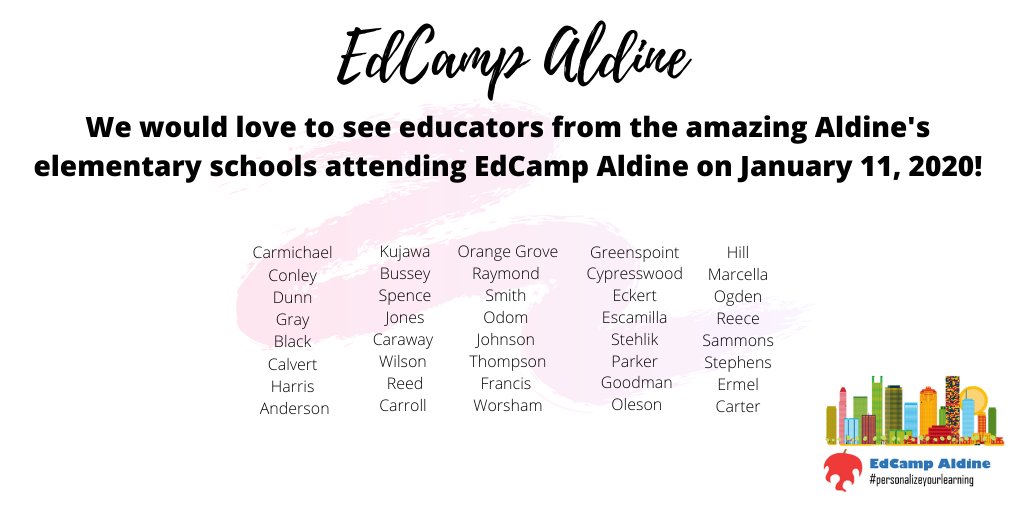 EdCampAldine's tweet photo. We would love to see educators from the amazing
@AldineISD's elementary campuses attending @EdCampAldine on January 11, 2020!
Register at
https://t.co/BBaUaGy7zsโฆ and for more information, visit https://t.co/dmmyXevmYZ
#personalizeyourlearning https://t.co/ga0YiRCzmI