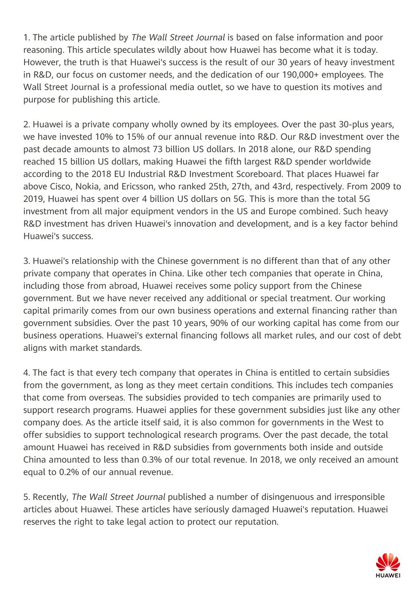 Once again, the <a href="/WSJ/">The Wall Street Journal</a> has published untruths about #Huawei based on false information. This time, wild accusations about Huawei’s finances ignore our 30 years of dedicated investments in R&amp;D that have driven innovation and the tech industry as a whole. Read on for the #facts.
