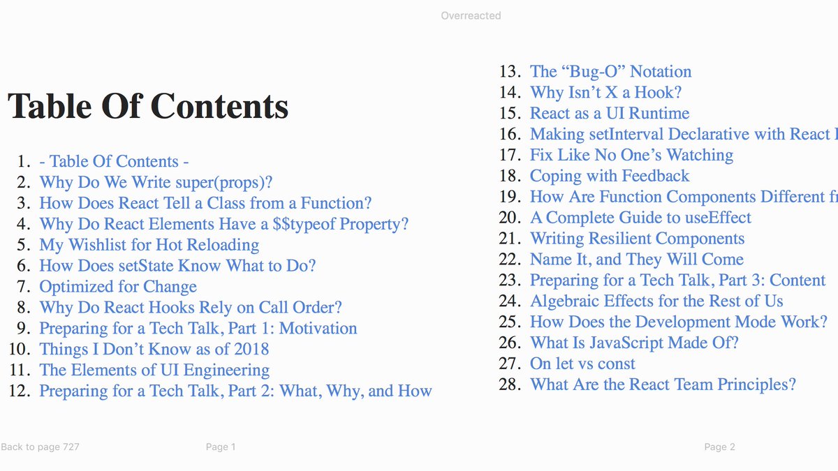 The Table of Contents of the "Overreacted" ebook