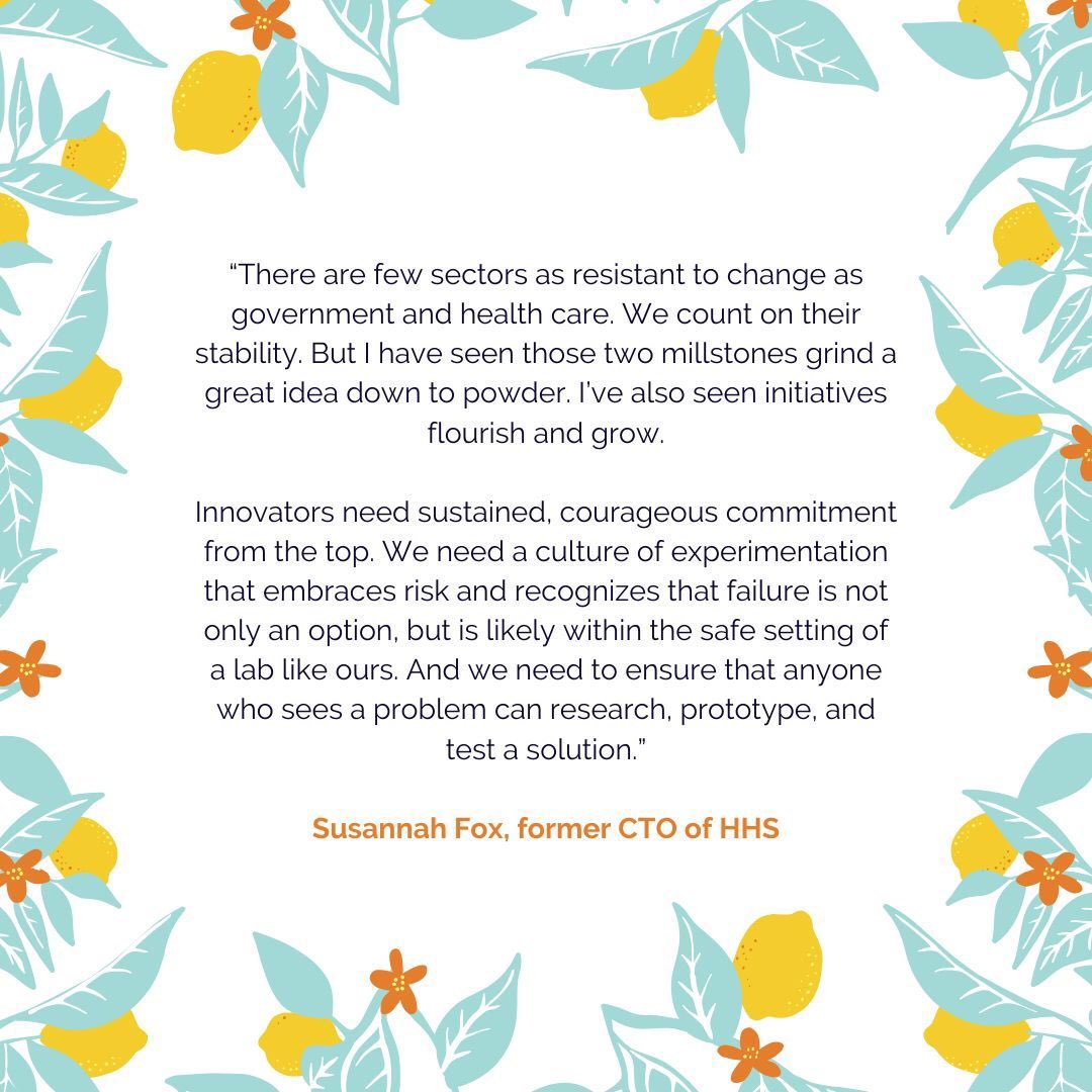 RoadmapHealth's tweet image. A little #healthcareinnovation quote for you from @SusannahFox. We totally agree, we must be willing to experiment and create a safe space for innovation in #healthcare. 
#failureislikely #mhealth #Digitalhealth #healthtech