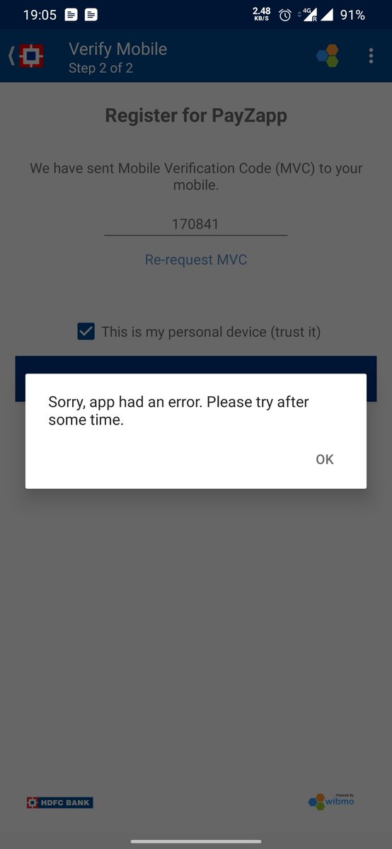 shaanu_gupta's tweet photo. @payzapp registration failed. @HDFC_Bank need to update the app for better user experience https://t.co/EvDAmWhNdE