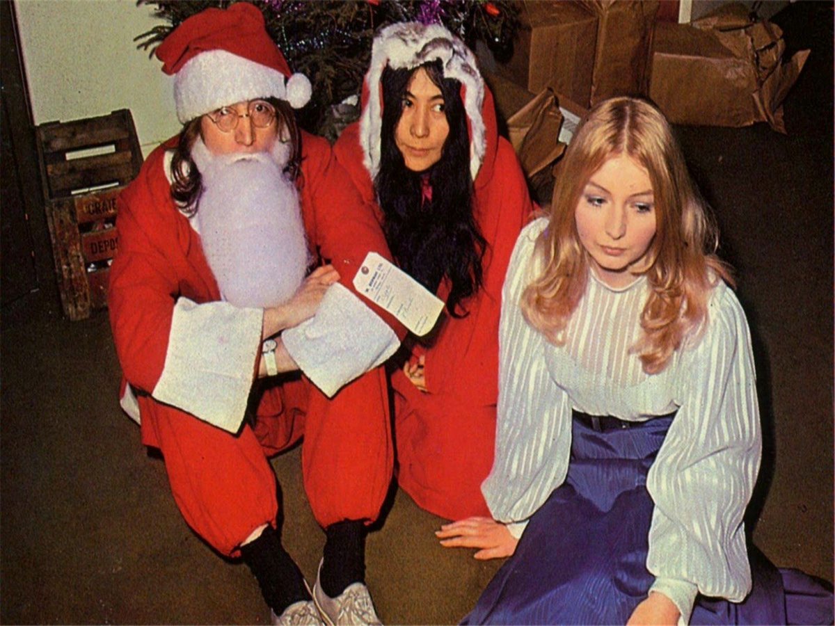 John Lennon, Yoko Ono and Mary Hopkins at the 1968 Apple Christmas party