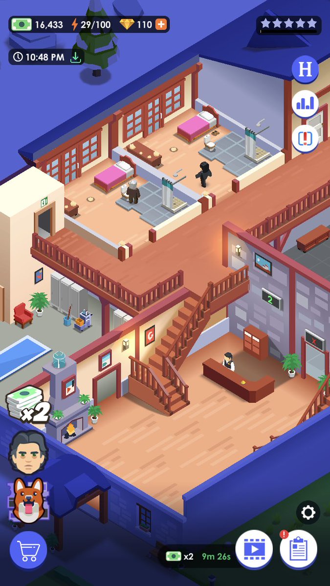 なずな 昨日から始めた Hotel Empire Tycoon ってホテル経営ゲーム が面白い 施設レベル上げると豪華になって収入が増える感じで 自分で家具配置とかは出来ないんだけど キャラが行動するの見てるだけでも楽しい 年末はこれ系の箱庭っぽい ゲーム沢山