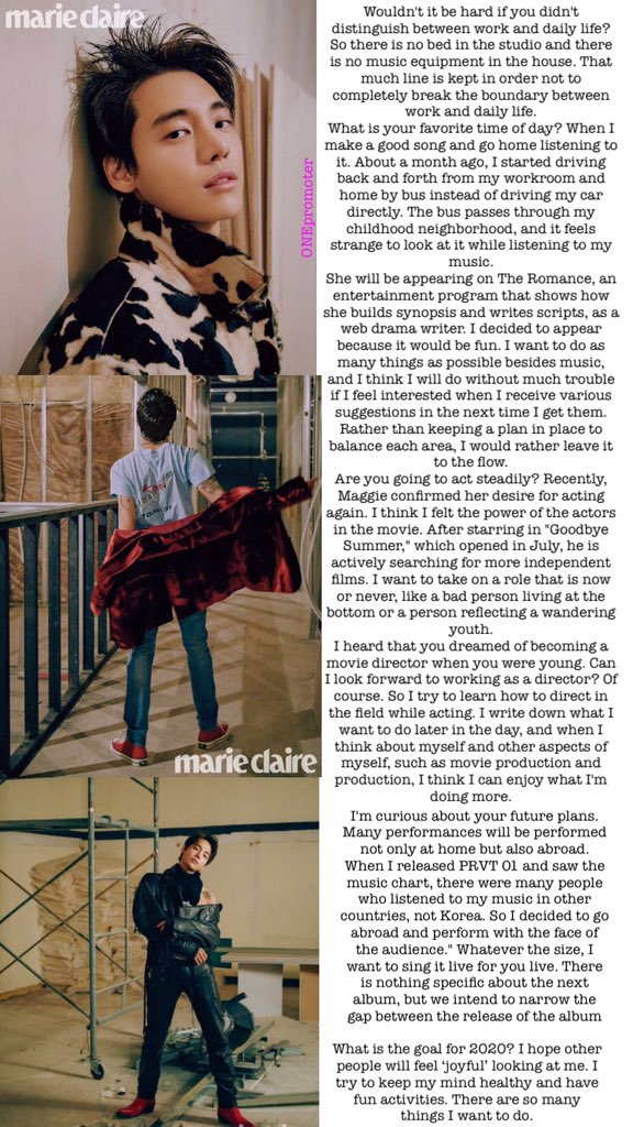 ONEpromoter's tweet photo. [ONE_NOTICE]] 

Jaewon for Marie Claire January 2020 Issue 

“We talked about his music, his acting and his goal in life”

Link: https://t.co/DRdKiMaD7K

#PRVT01SEOUL https://t.co/PeqBfvQWey