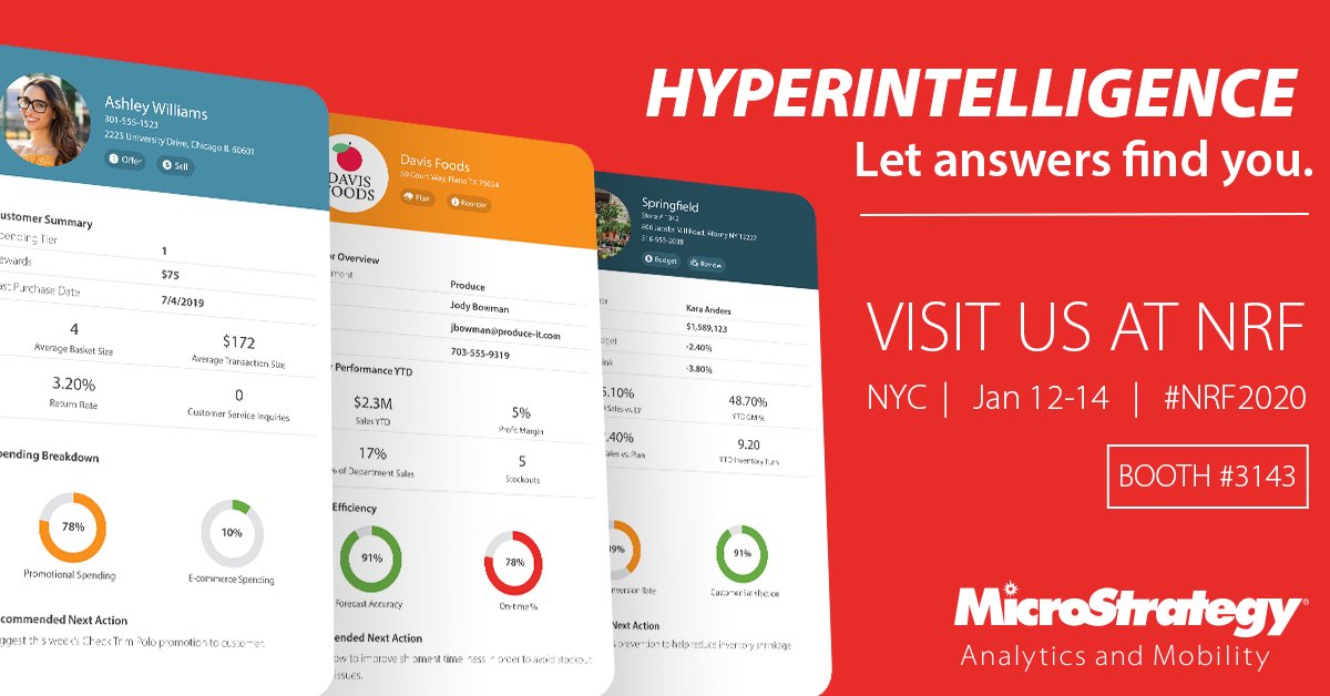 MicroStrategy's tweet photo. Heading to #NRF2020?

See how #HyperIntelligence and #mobility empower #retail industry personnel - across entire organizations - to make fast, #datadriven decisions. Visit @NRFBigShow booth #3143 to spark your #digitaltransformation. 

Details: https://t.co/kQDa3OyFA2 #analytics https://t.co/OB3i17FfON