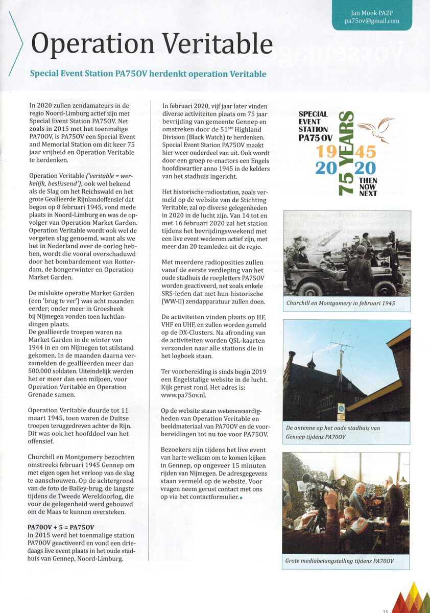 Special Event Station <a href="/PA75OV/">Special Event Station PA75OV</a> edition 2020 with an article in the january 2020 version of HAM magazine Electron, published by <a href="/VERON_Nederland/">VERON</a>.