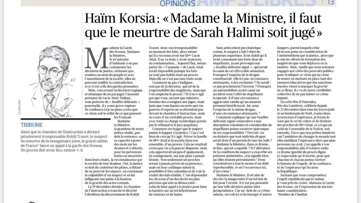 HaimKorsia's tweet photo. #SarahHalimi   
« Madame la Ministre, il est aisé de déceler la dangerosité d’un tel état de fait pour l’avenir. Il n’est pas pensable qu’une telle décision puisse faire jurisprudence. »

Retrouvez ici ma tribune publiée dans @Le_Figaro https://t.co/mJ4PQfT8bp