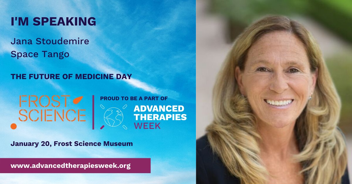 Phacilitate's tweet photo. Jana Stoudemire, Commercial Innovation Officer at @space_tango will be speaking at the #FutureOfMedicineDay on January 20th in #Miami.
Find out more here - https://t.co/YyNdX9TkJa
@FrostScience #Advancedtherapiesweek #advancedtherapies #celltherapy #genetherapy https://t.co/hHGKl6m8Mz