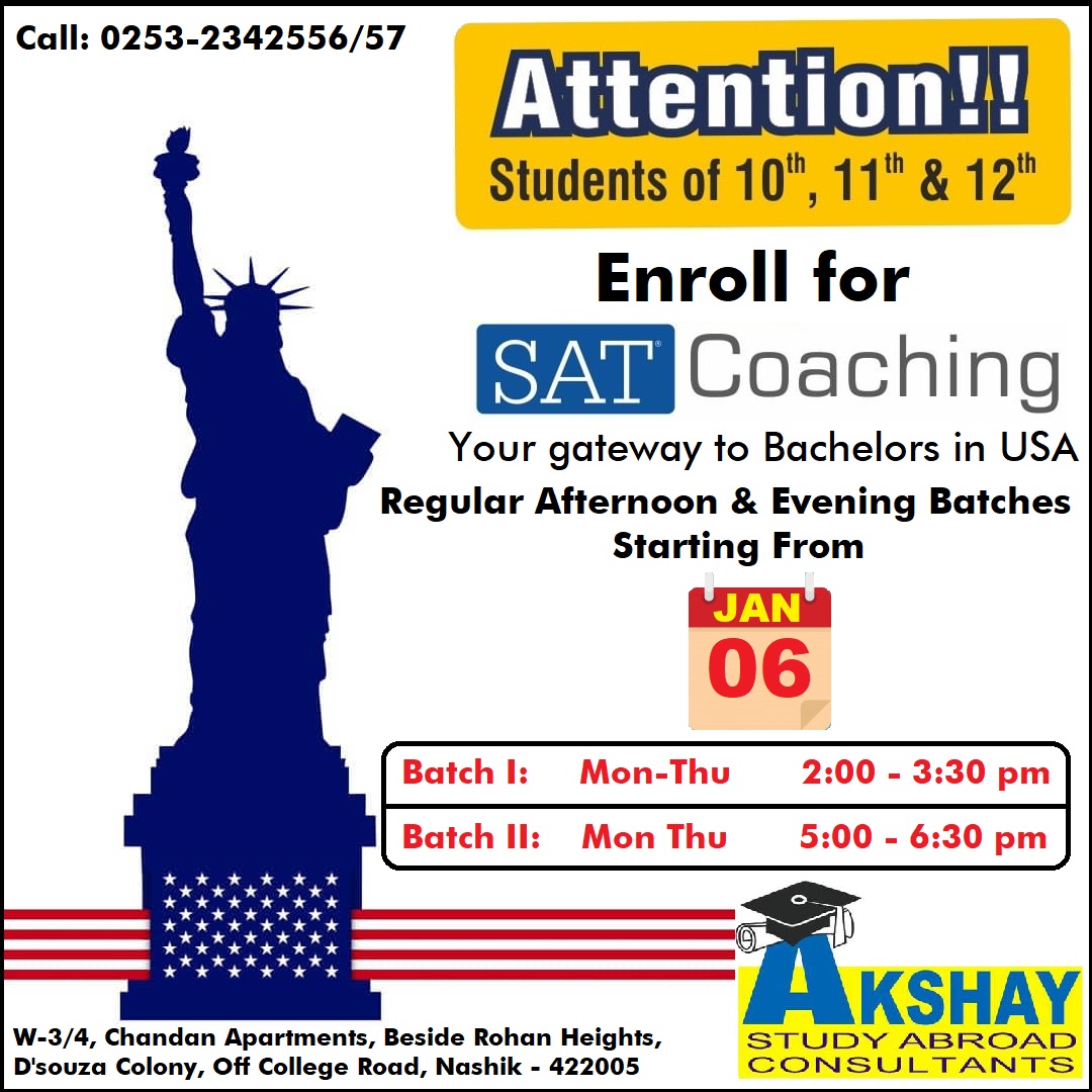 Our comprehensive study material and outstanding faculty ensures high scores for our students.
Get ready for the exam in 60 Days!
#AkshayStudyAbroad #Nashik #StudyAbroad #StudyInUSA #SAT #CollegeBoard #SATCoaching #Scholarship #USA #BachelorsinUSA #BachelorsDegree