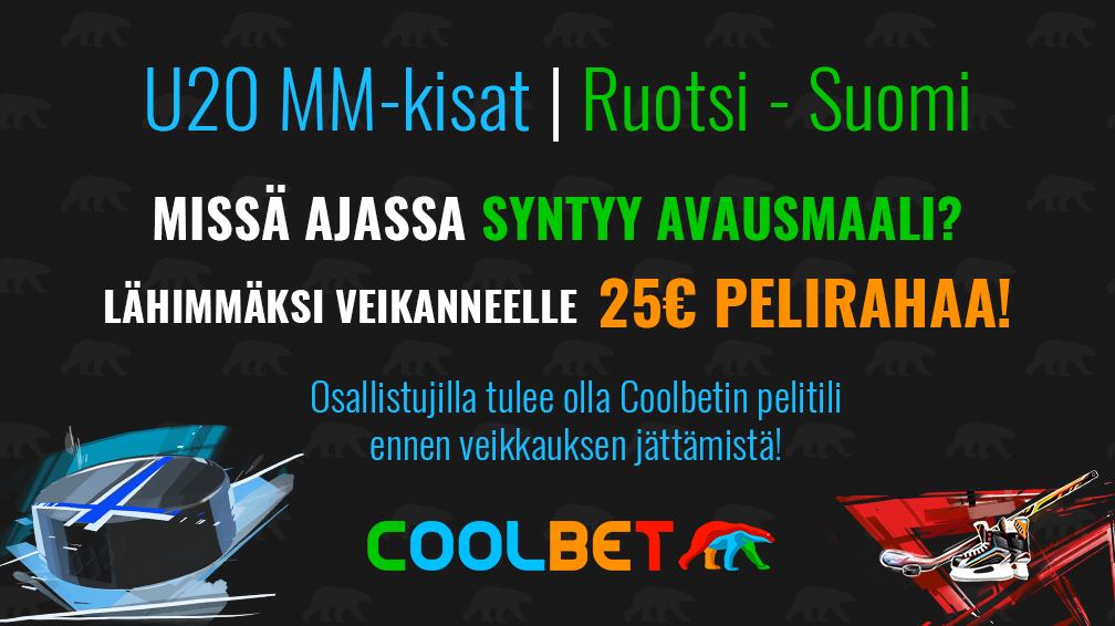 COOLBET-SKABA!

Veikkaa Ruotsi-Suomi-ottelun avausmaalin syntyaika ja voita 25 € pelirahaa!

Ehdot: RT + Seuraa.

PS. Nappaa myös 10 € ilmaisveto U20 MM-kisoihin ––> coolbet.com/fi/jaakiekko-v… #NuoretLeijonat #U20fi